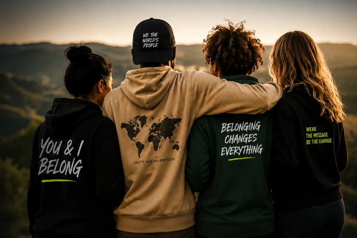 A group of four friends standing together at sunset with their arms around each other, wearing You & I Belong apparel with unity-themed messages on the back.