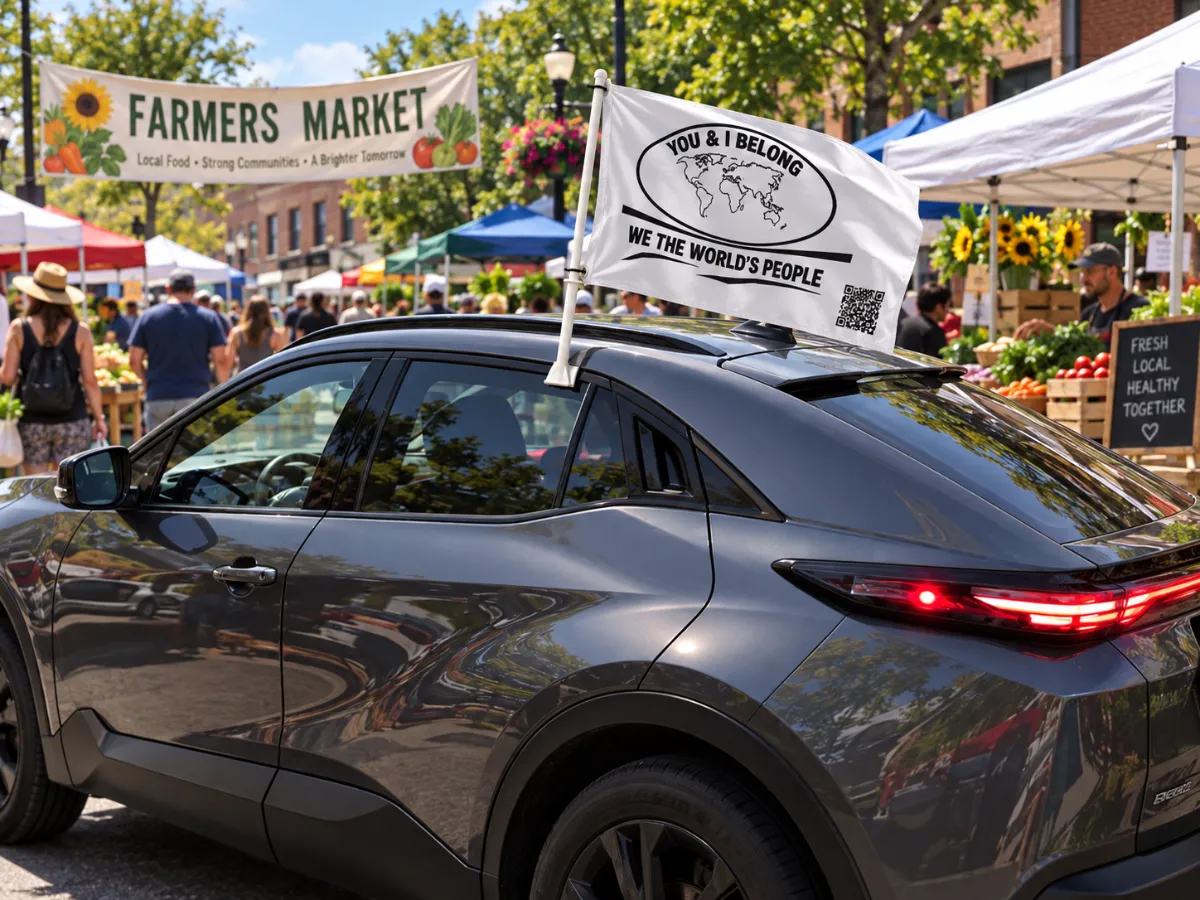 You & I Belong car flag featuring a world map and "We The World's People" slogan mounted on a grey car at an outdoor farmers market.