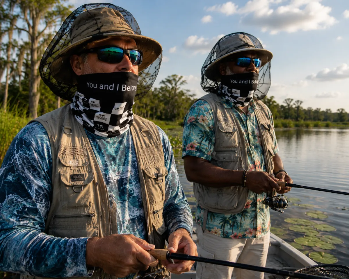 Two men fishing from a boat on a lake at sunset, both wearing wide-brimmed hats with mosquito netting and black and white checkered You and I Belong neck gaiters covering their faces.