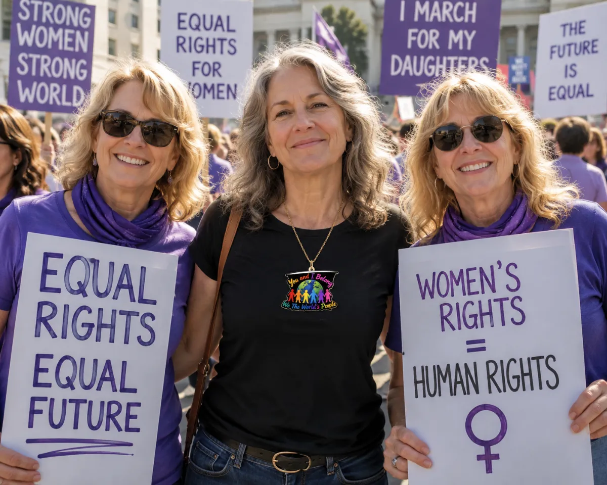 Three women standing together at a women's rights rally holding protest signs; the woman in the center is wearing a colorful You and I Belong enamel keychain as a necklace pendant.