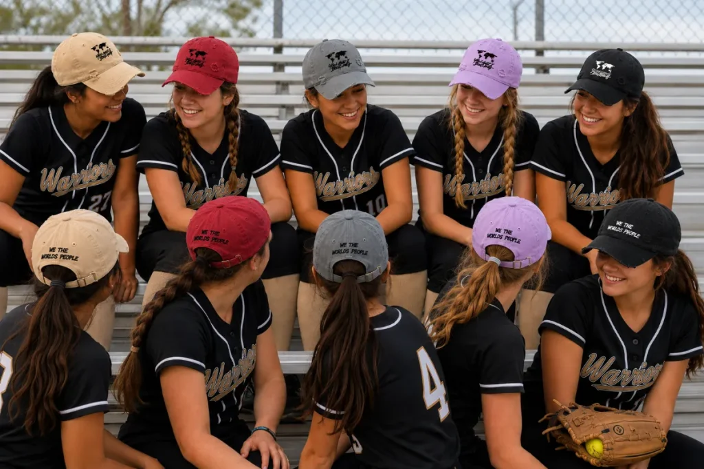 A group of smiling female softball players sitting on bleachers, wearing black jerseys and You and I Belong distressed baseball caps in khaki, red, grey, light purple, and black. The front of the caps features the world map logo, while the back of the caps reads "We The World's People"