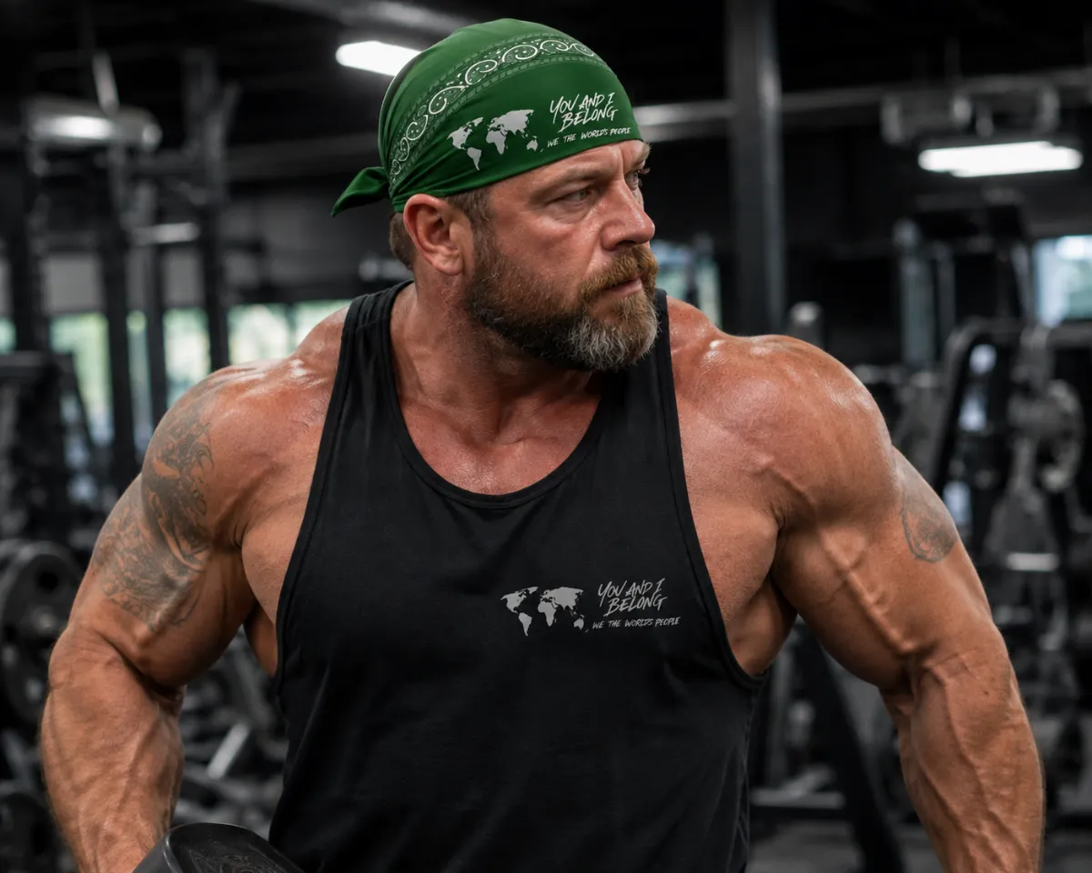 A muscular man in a gym setting wearing a green You and I Belong bandana on his head and a black tank top.