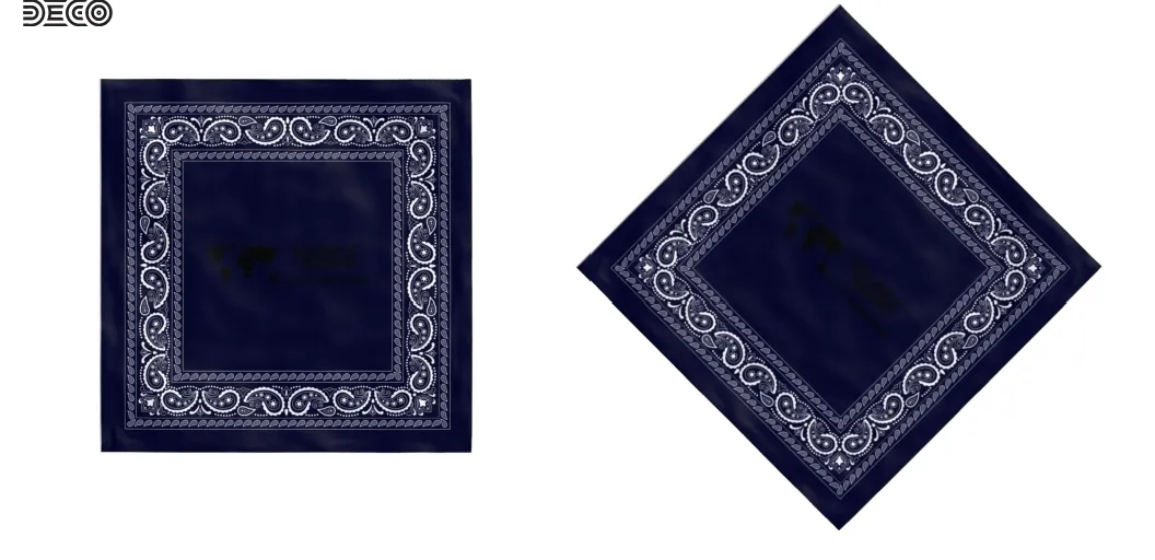 Flat and angled product views of a navy blue bandana featuring a white paisley border and a dark You and I Belong world map logo in the center.