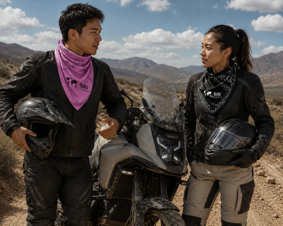 A man and a woman in off-road motorcycle gear standing next to a dirt bike in a desert landscape, wearing a pink and a black You and I Belong bandana around their necks.