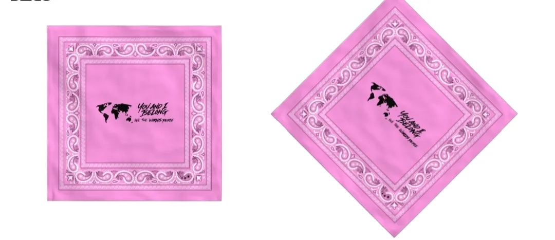 Flat and angled product views of a pink bandana featuring a white paisley border and a black You and I Belong world map logo in the center.