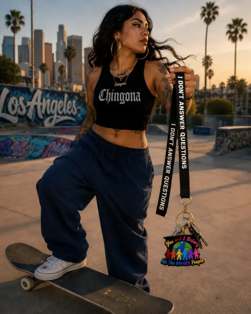 A woman standing with one foot on a skateboard at a skatepark in Los Angeles at sunset, holding a black lanyard that reads "I don't answer questions" attached to keys and a colorful You and I Belong enamel keychain.