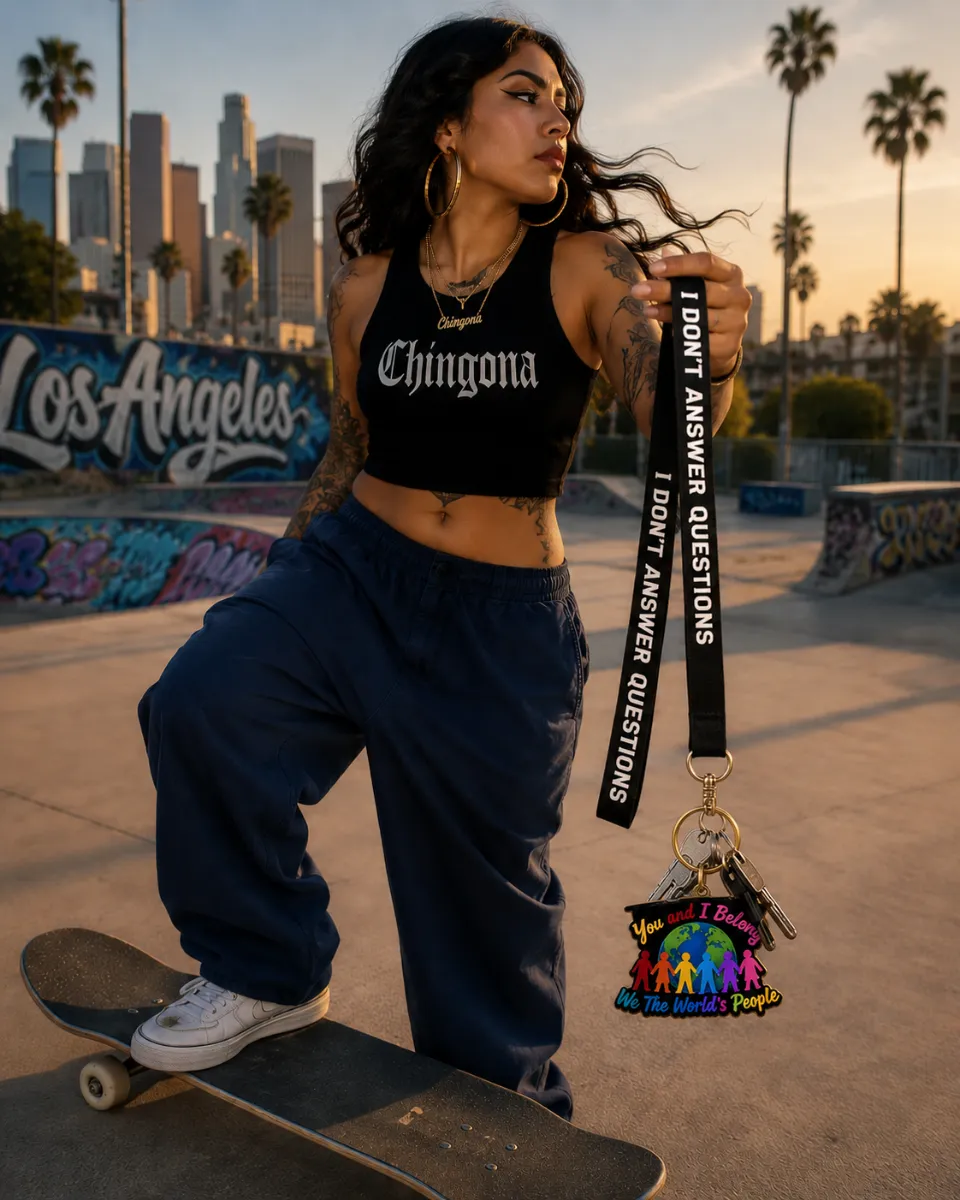 A woman standing with one foot on a skateboard at a skatepark in Los Angeles at sunset, holding a black lanyard that reads "I don't answer questions" attached to keys and a colorful You and I Belong enamel keychain.