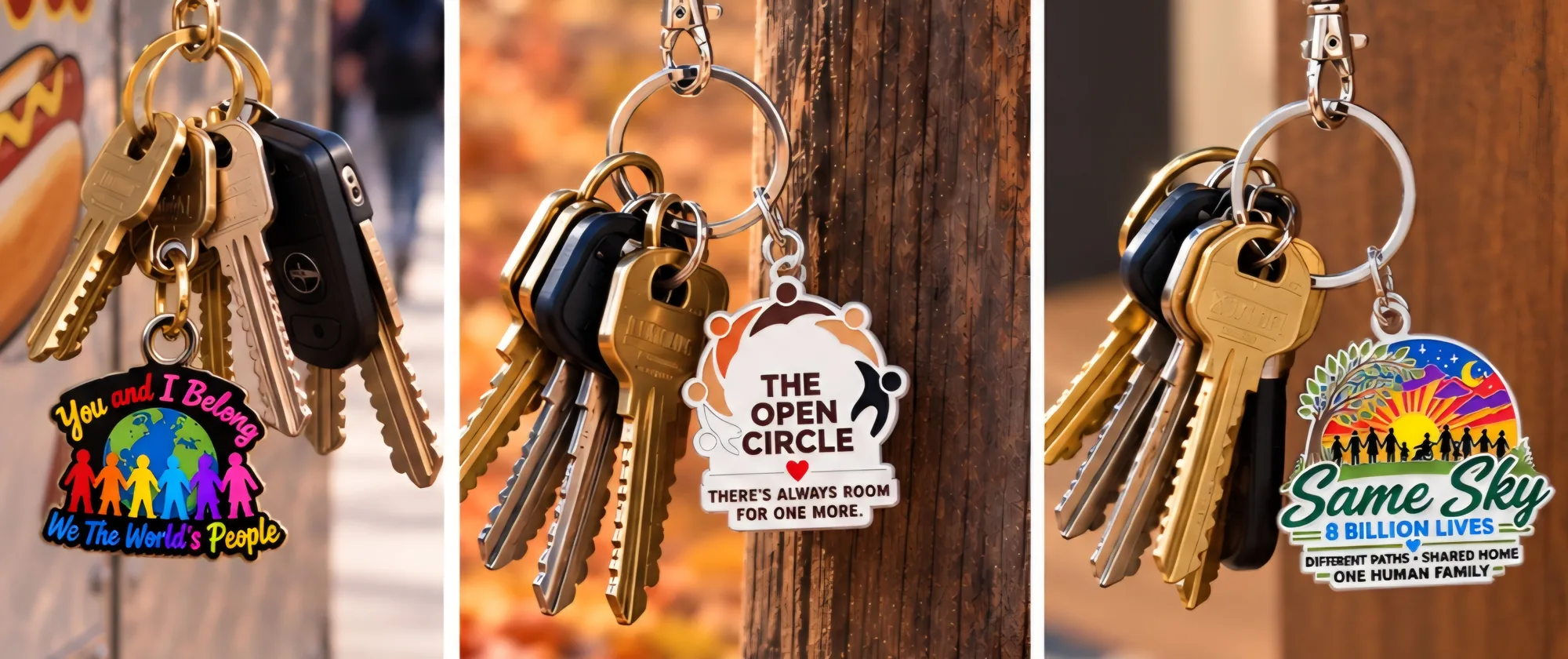 Three You and I Belong key charms hanging from key rings: We The World's People, The Open Circle and Same Sky