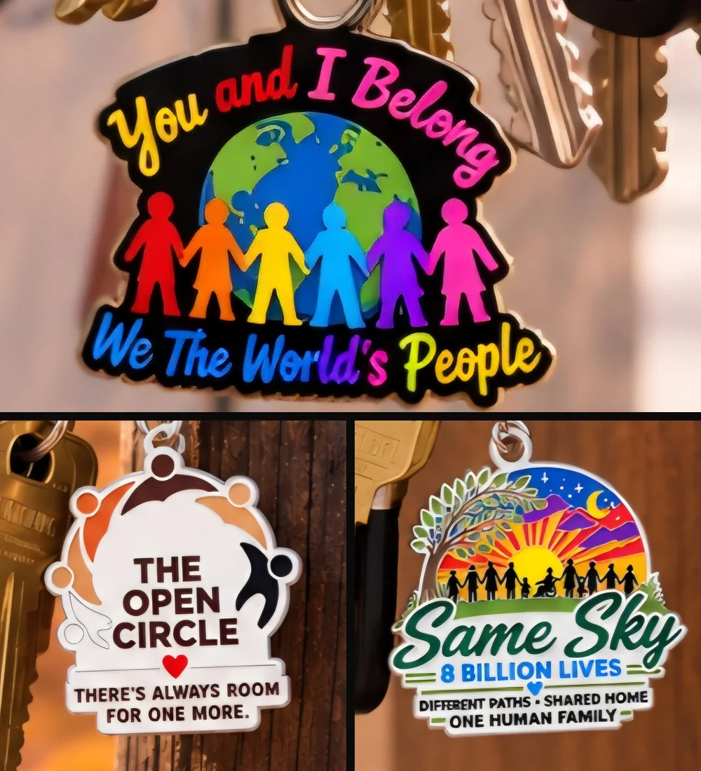 The three You and I Belong key charms: We The World's People across the top, then The Open Circle and Same Sky