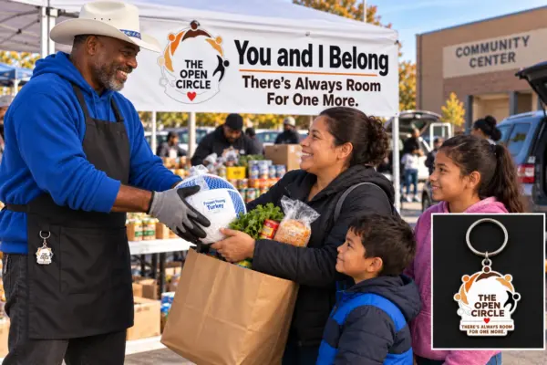 Illustrative lifestyle image: a volunteer serving food at a community food drive wearing The Open Circle key charm on his apron, with a product close-up inset