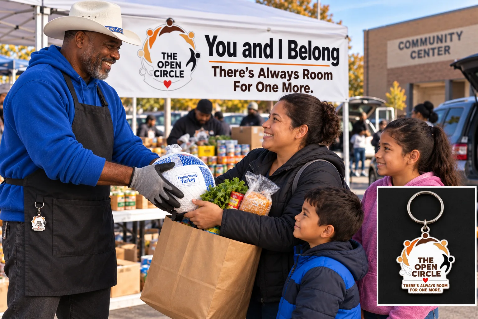 Illustrative lifestyle image: a volunteer serving food at a community food drive wearing The Open Circle key charm on his apron, with a product close-up inset