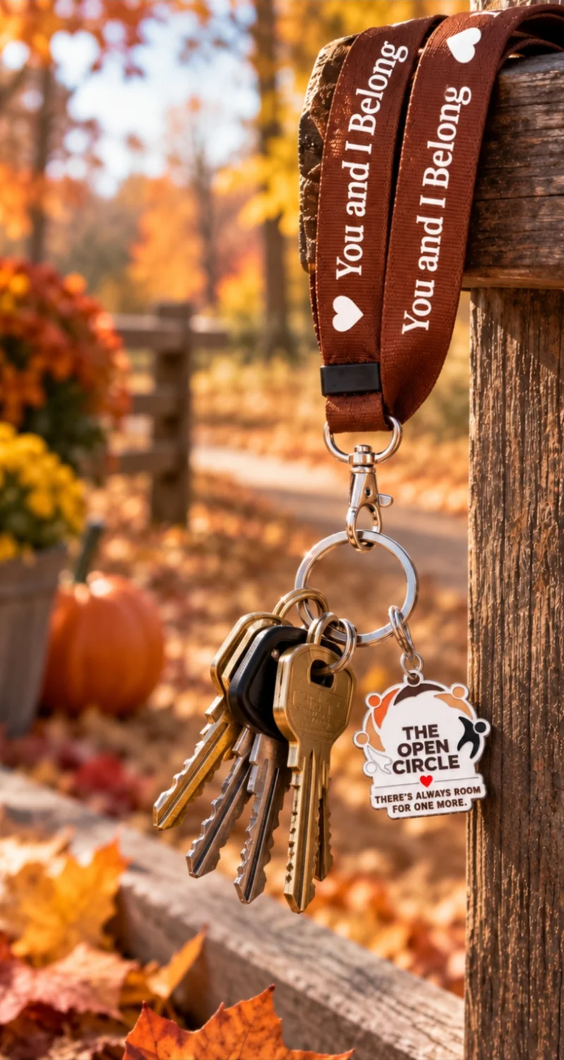 Illustrative lifestyle image: The Open Circle key charm and keys on a brown You and I Belong lanyard against an autumn fence post