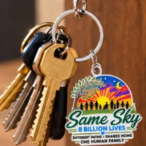 Close-up of the Same Sky 8 Billion Lives key charm with a sunset scene of people holding hands, hanging from a ring of keys