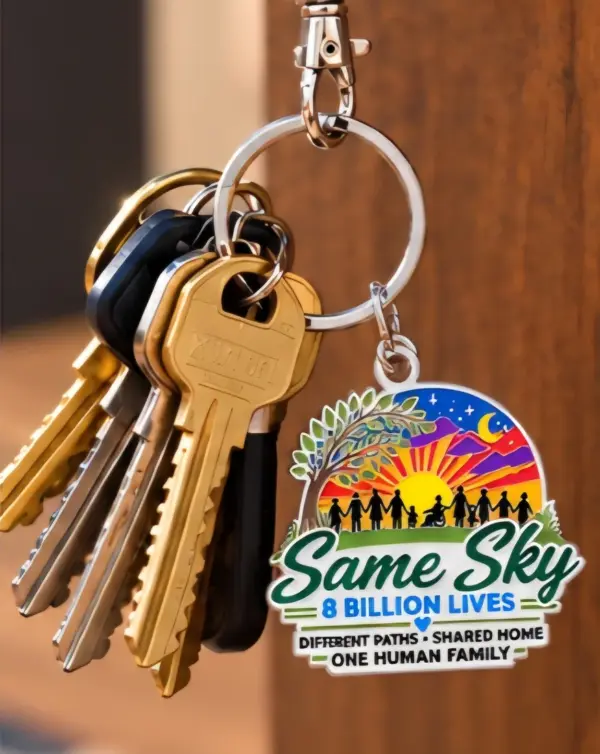 Close-up of the Same Sky 8 Billion Lives key charm with a sunset scene of people holding hands, hanging from a ring of keys