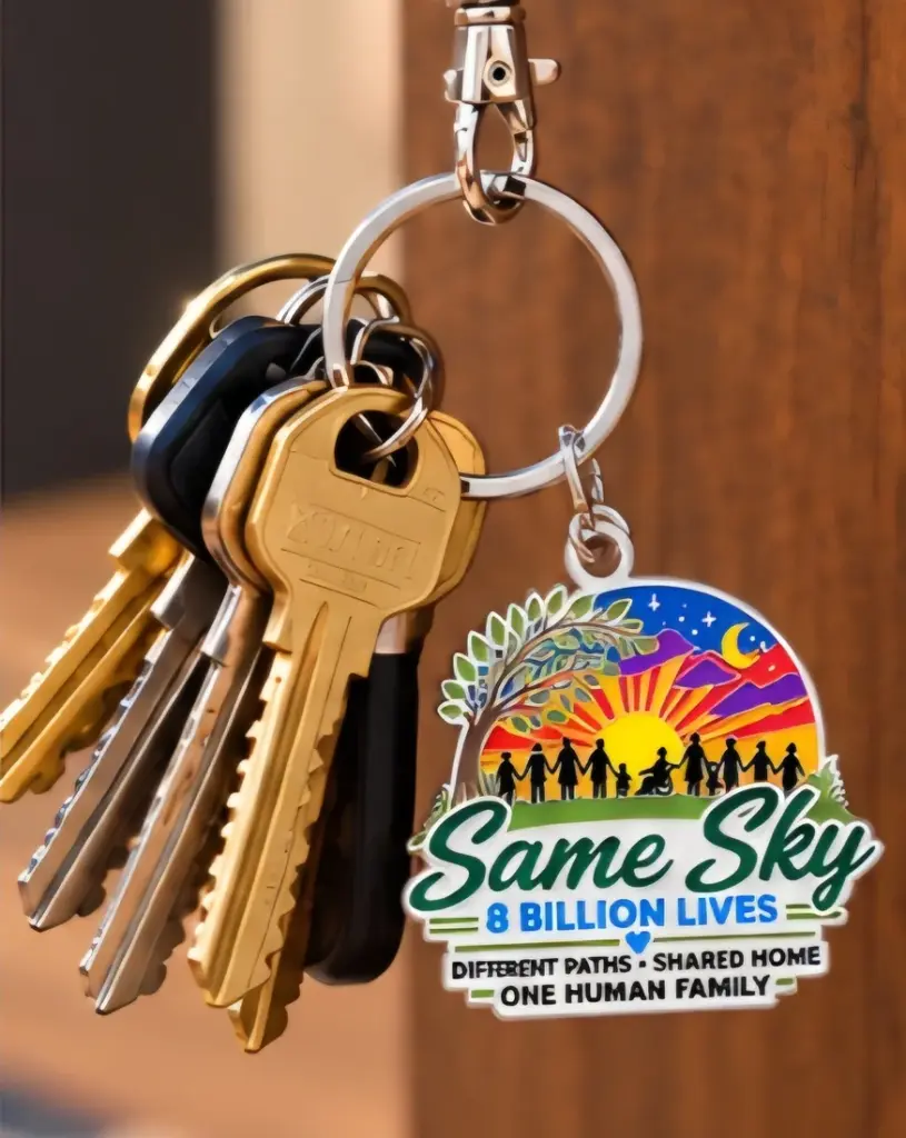 Close-up of the Same Sky 8 Billion Lives key charm with a sunset scene of people holding hands, hanging from a ring of keys