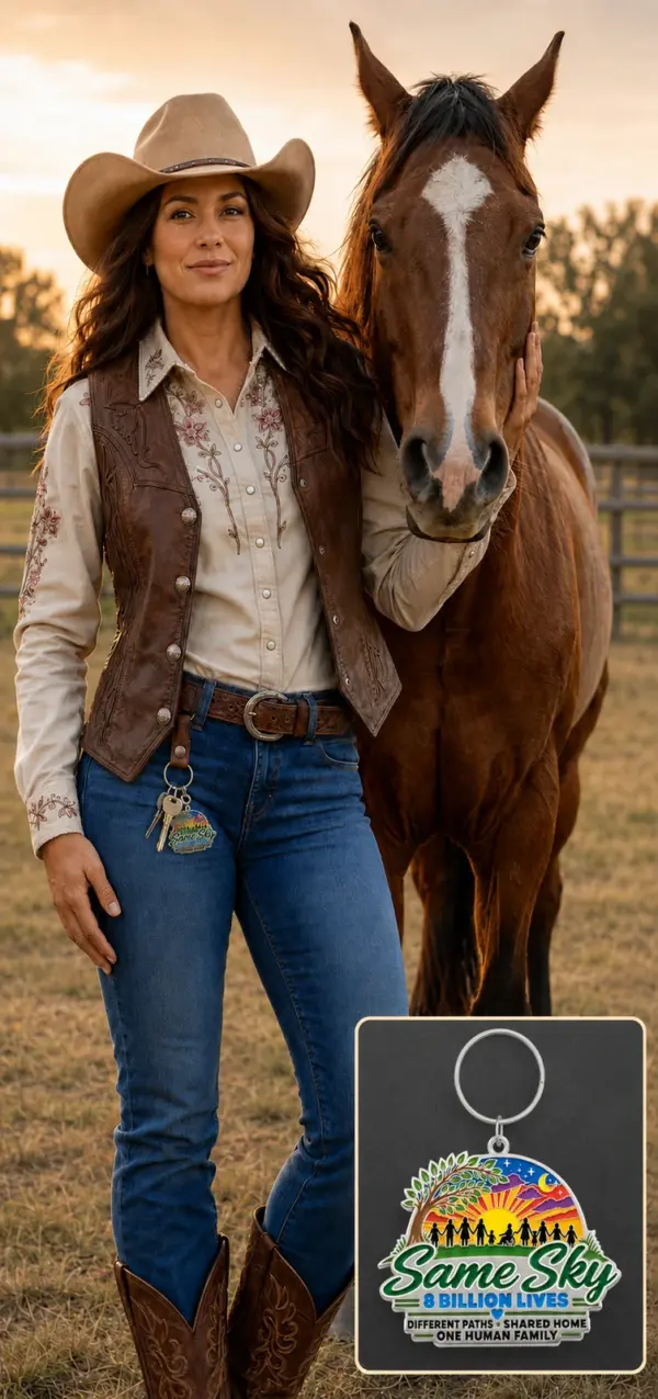 Illustrative lifestyle image: a woman in western wear standing beside a horse with a Same Sky key charm on her belt loop, with a product close-up inset