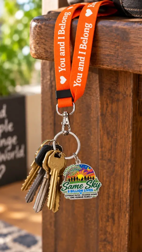 Illustrative lifestyle image: the Same Sky key charm and keys on an orange You and I Belong lanyard on a wooden post