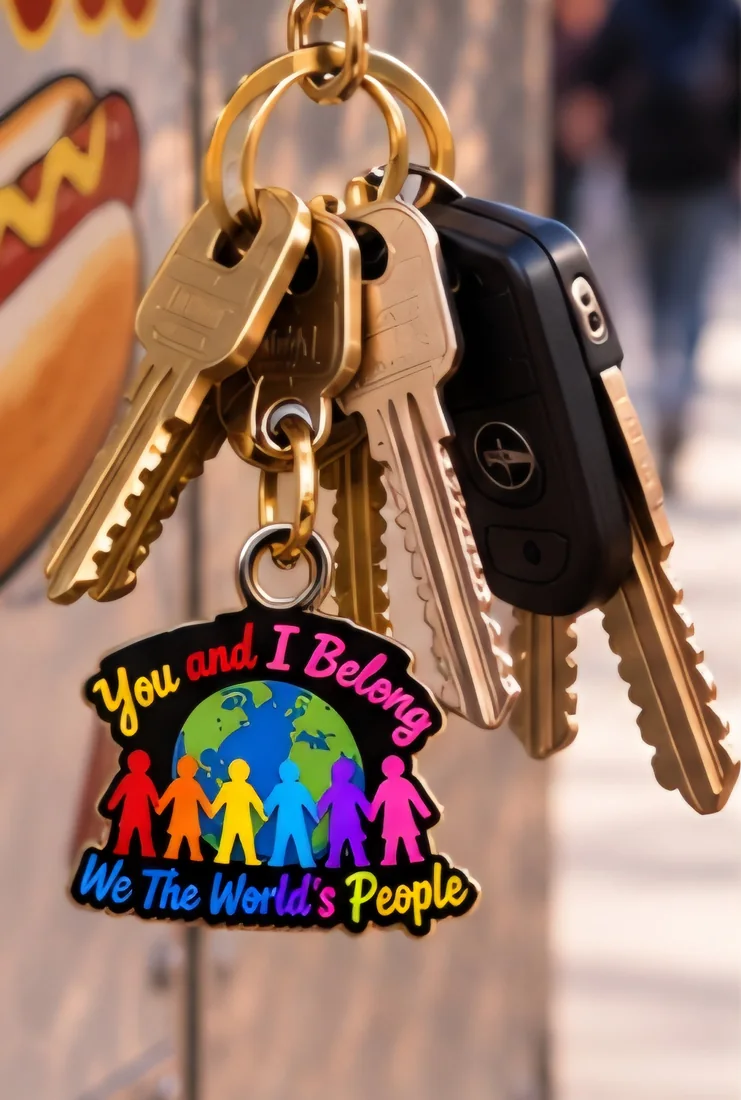 Close-up of the We The World's People key charm: colorful figures holding hands in front of a globe, hanging from a ring of keys