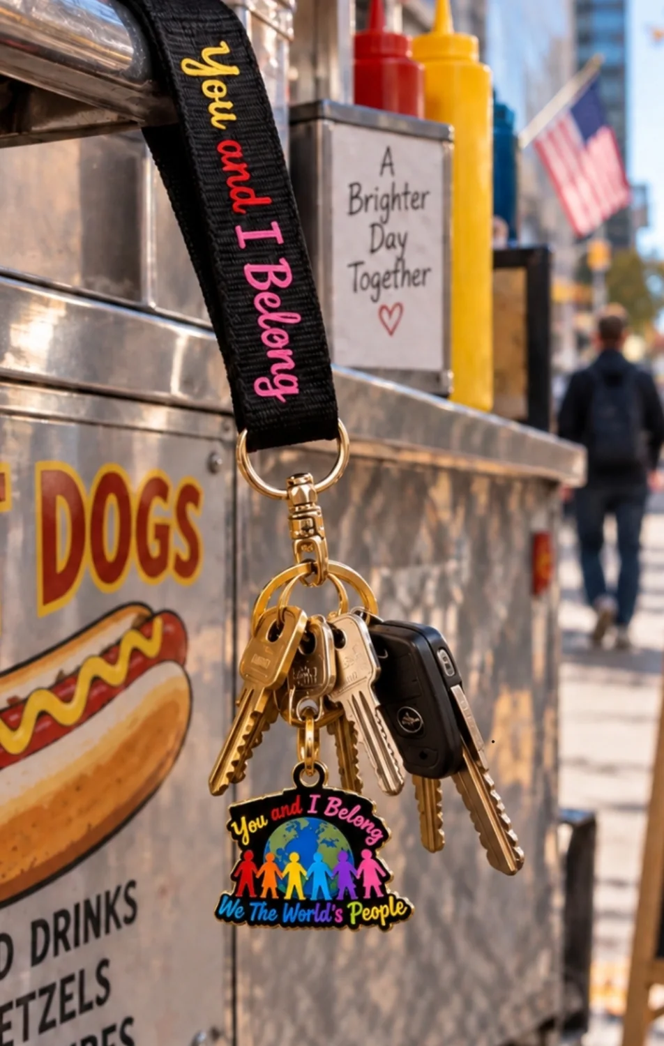 Illustrative lifestyle image: the We The World's People key charm and keys on a black You and I Belong lanyard at a street food cart