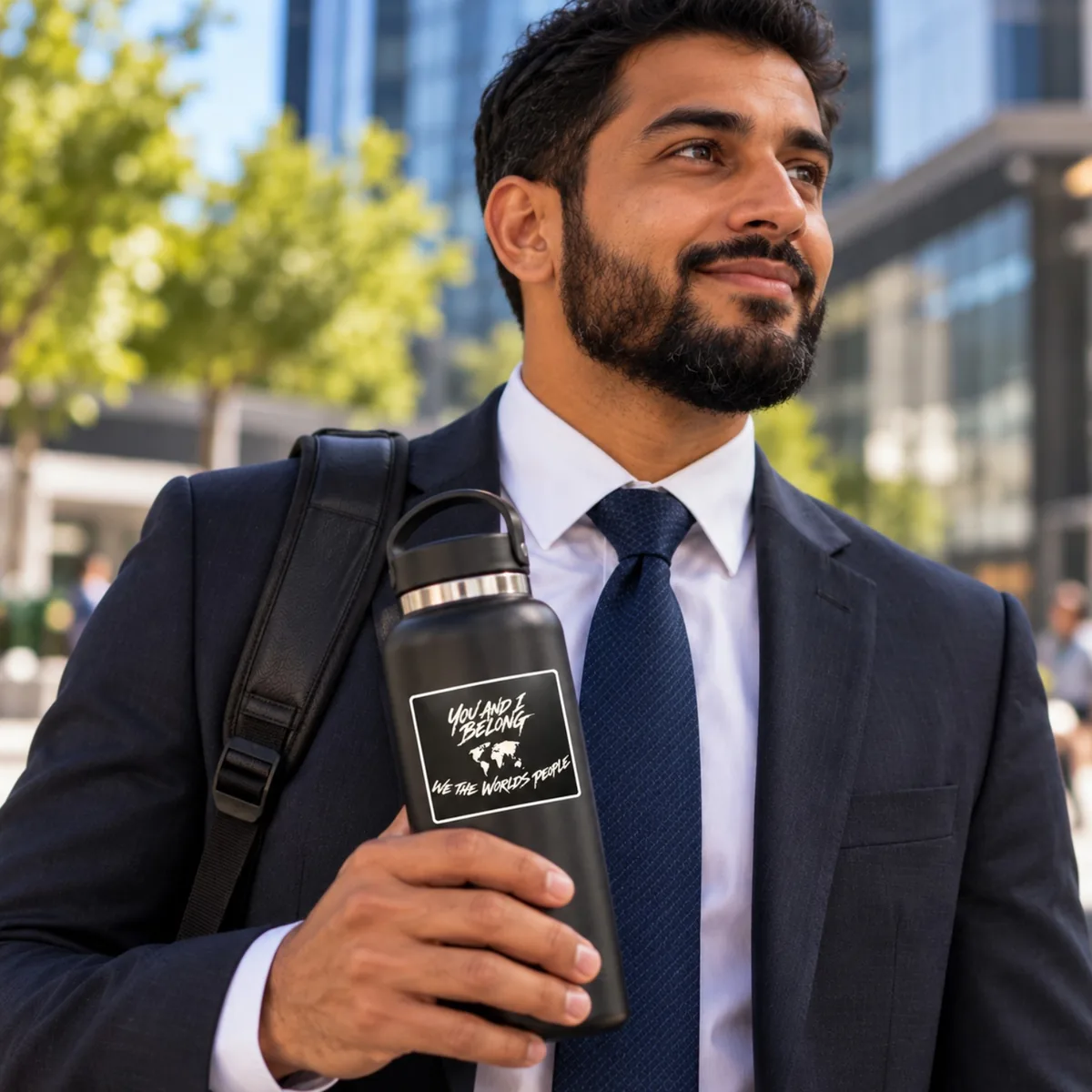 Illustrative lifestyle image: a man in a suit carrying a black water bottle with the classic black You and I Belong sticker on it