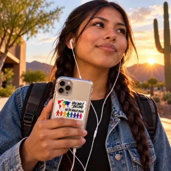 Illustrative lifestyle image: a young woman holding a phone with the You and I Belong color sticker on its clear case