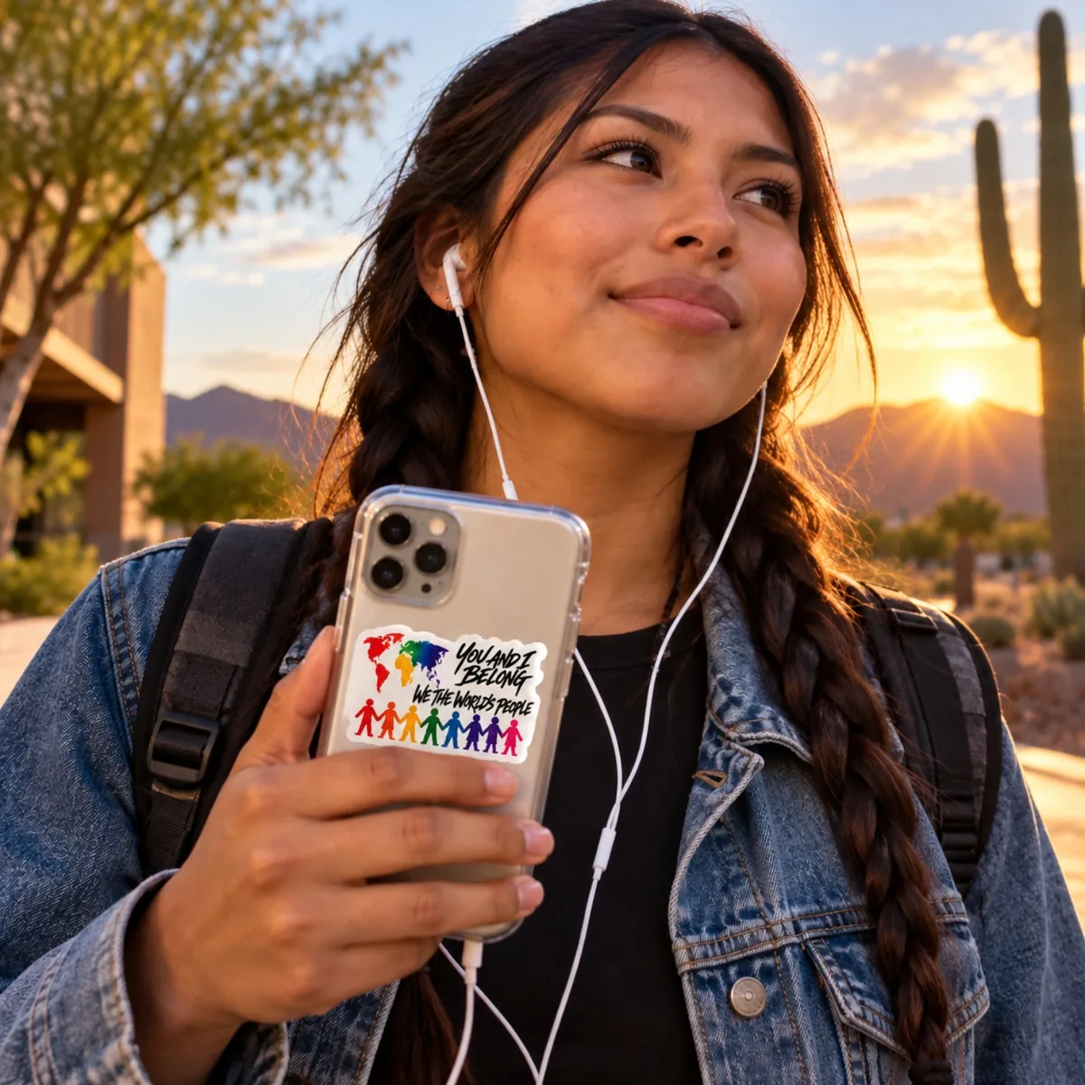 Illustrative lifestyle image: a young woman holding a phone with the You and I Belong color sticker on its clear case