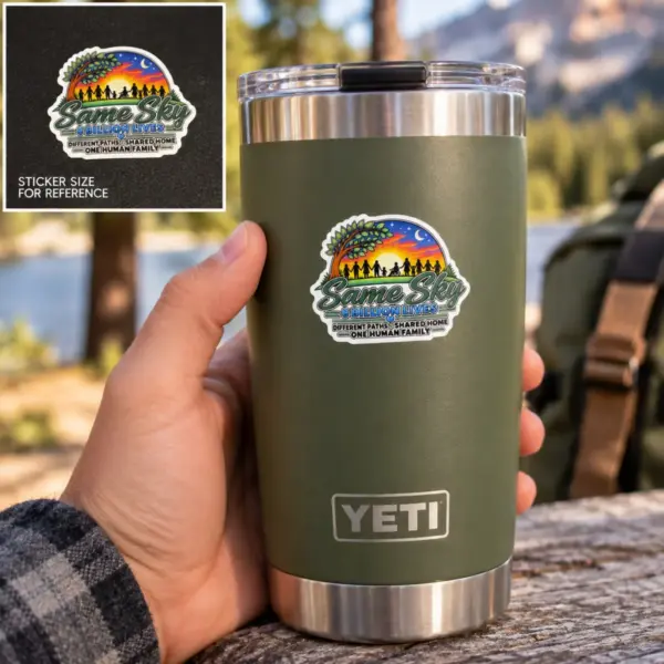 Illustrative lifestyle image: a hand holding a green tumbler with the Same Sky 8 Billion Lives sticker on it