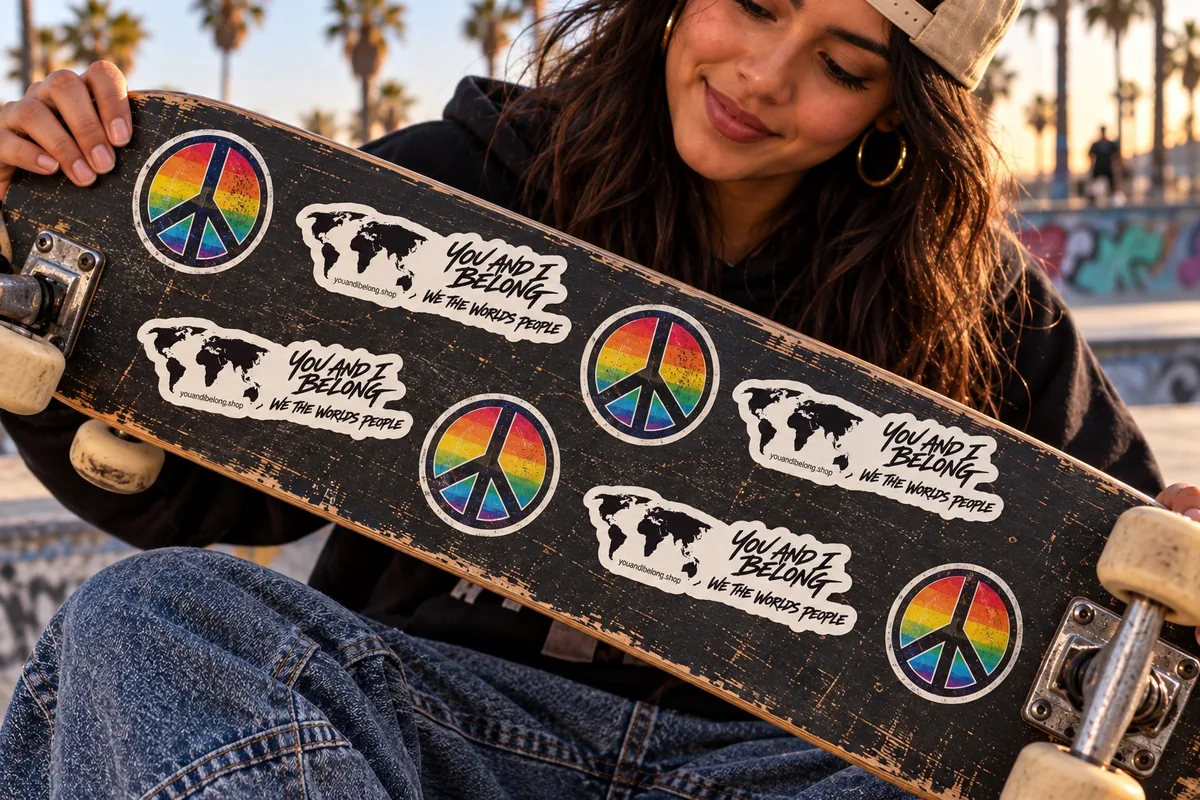 Illustrative lifestyle image: a skateboard covered in white You and I Belong stickers with the world map, alongside rainbow peace-sign stickers